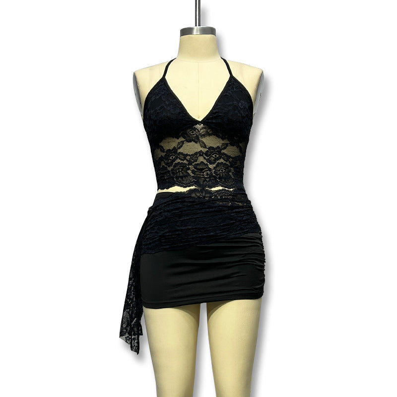 Damen Spitzen-Crop-Top mit Wickeldesign und angeschnittenem Unterrock EB