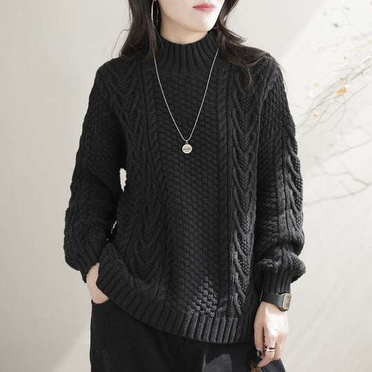 Damen Grobstrickpullover mit hohem Kragen und Zopfmuster EB