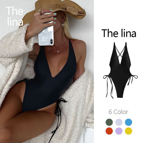 Damen Einteiler Badeanzug mit tiefem V-Ausschnitt und seitlichen Schnüroptiken EB