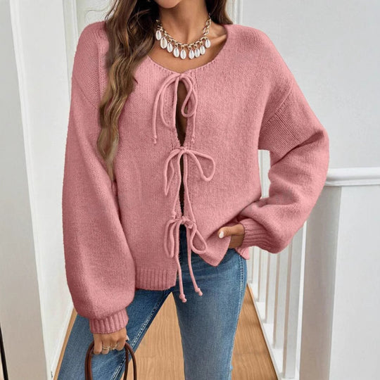 Damen Kurzcardigan mit Bindebändern, Oversize‑Silhouette und Ballonärmeln EB