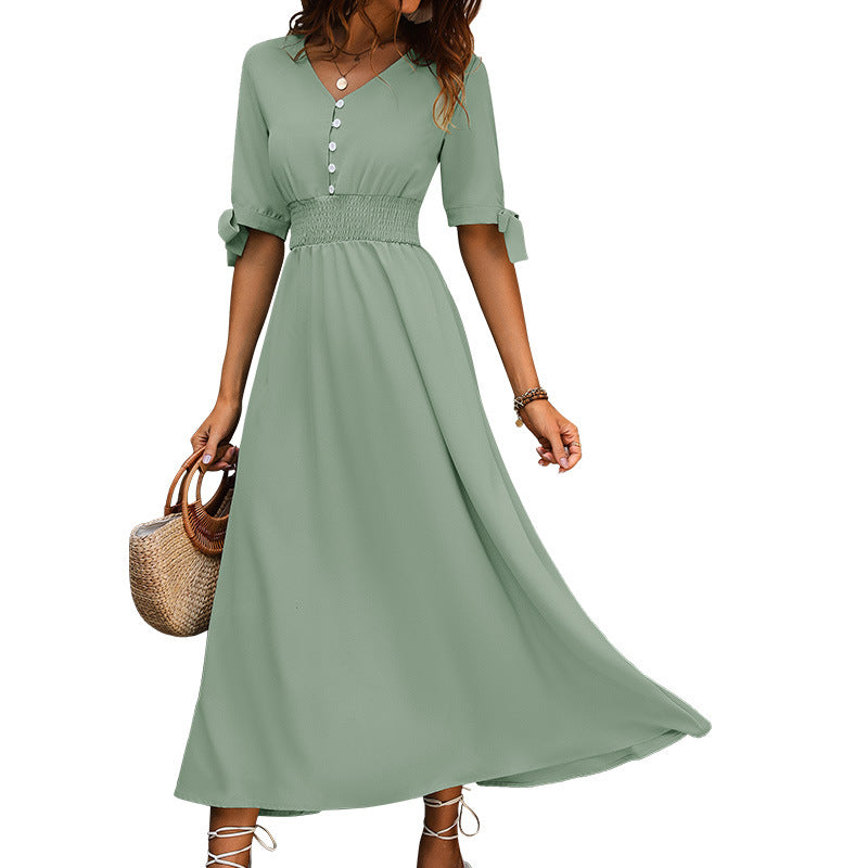 Damen Maxikleid mit schickem V-Ausschnitt und elastischem Taillenband EB