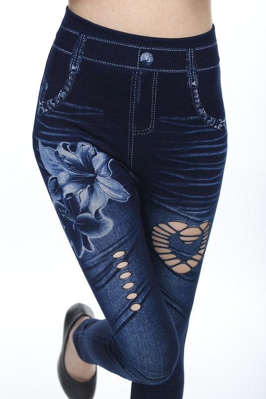 Damen Floral-Design Hochbund-Leggings aus Denim EB