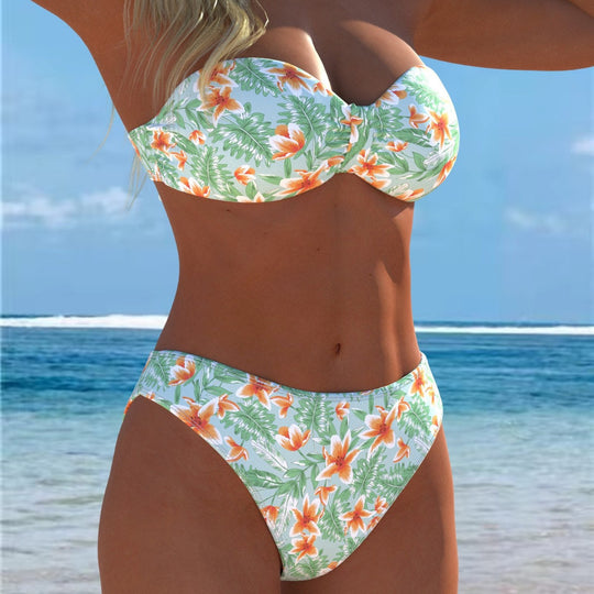 Damen Bandeau-Bikini mit einzigartigem Federmuster und hohem Taillenschnitt EB