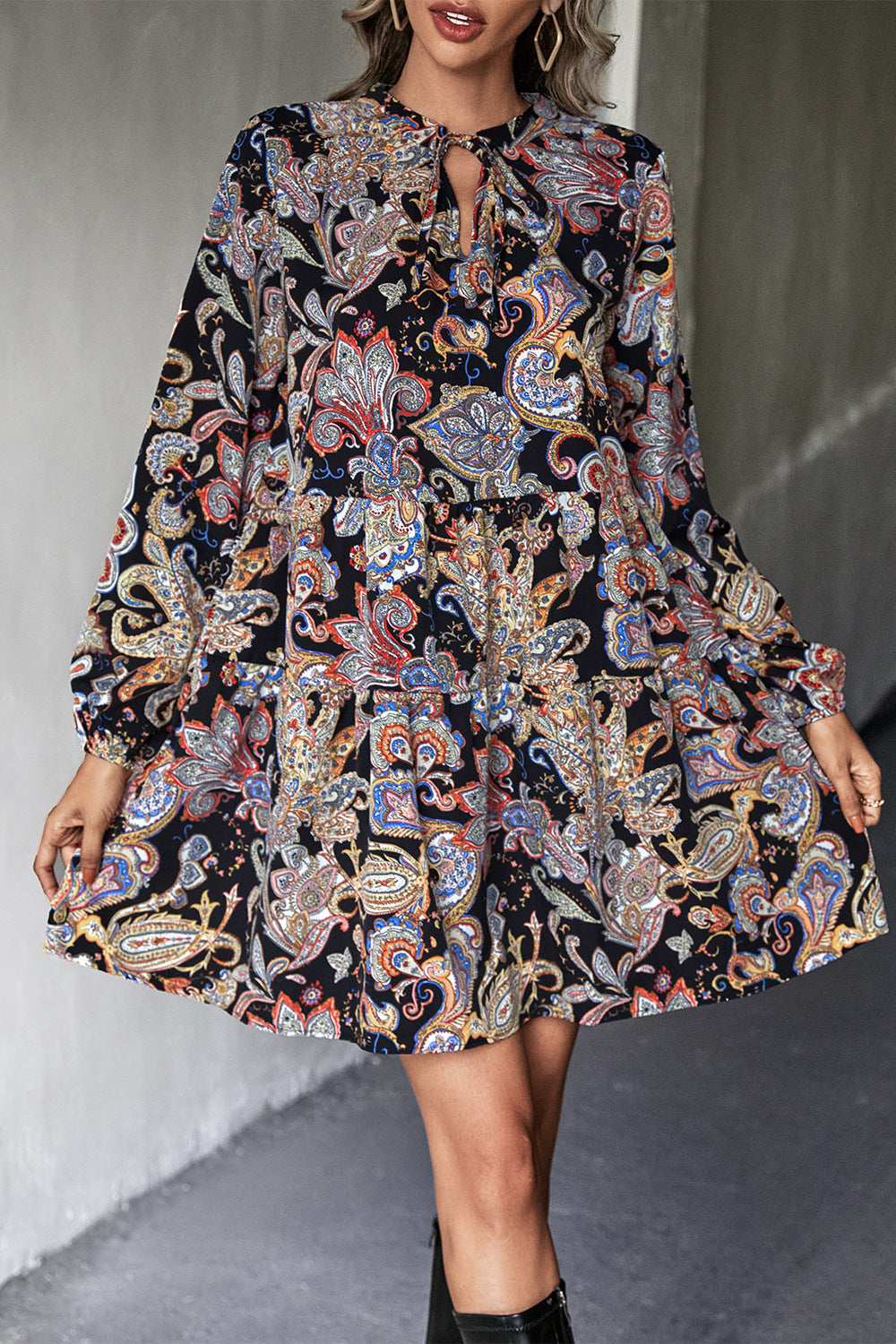Damen Hemdblusenkleid mit verspieltem Paisleymuster und elastischem Bund EB