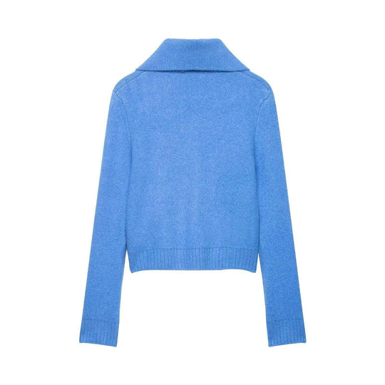 Damen nan kurz geschnittene Strickjacke mit Reißverschluss, breitem Umlegekragen und Rippbund EB