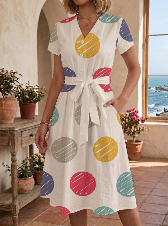 Damen lässiges Maxikleid mit taillierbarem Knoten und dekorativem Karomuster EB