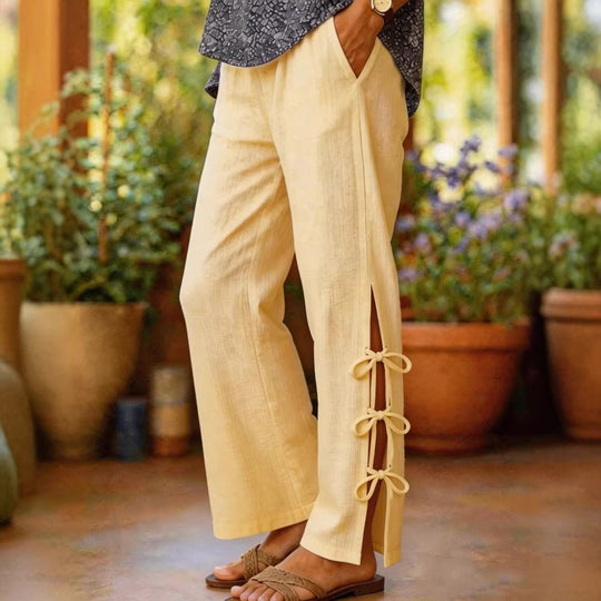Damen Leichte Sommerhose mit seitlichen Bindegürtel undDekolleté-Schlitzen EB