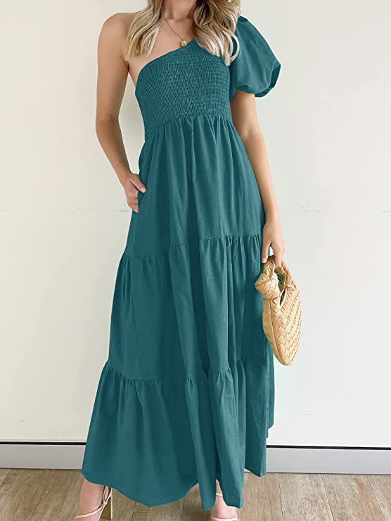 Damen Maxikleid mit asymmetrischem Träger und fließendem Schnitt EB