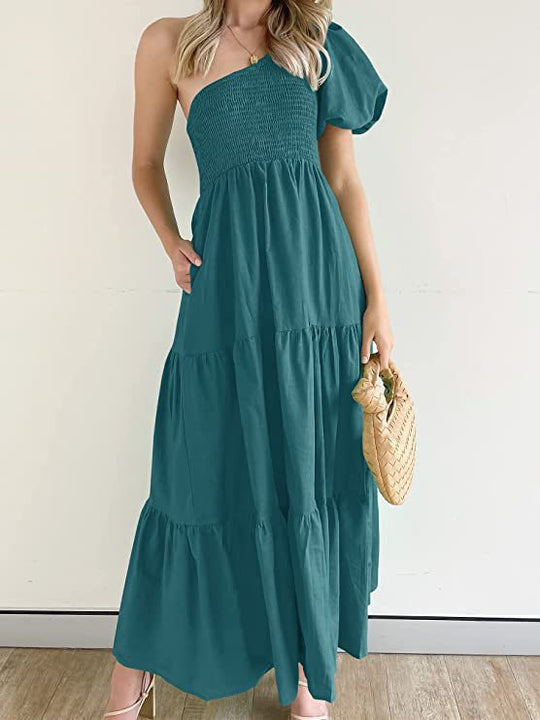 Damen Maxikleid mit asymmetrischem Träger und fließendem Schnitt EB