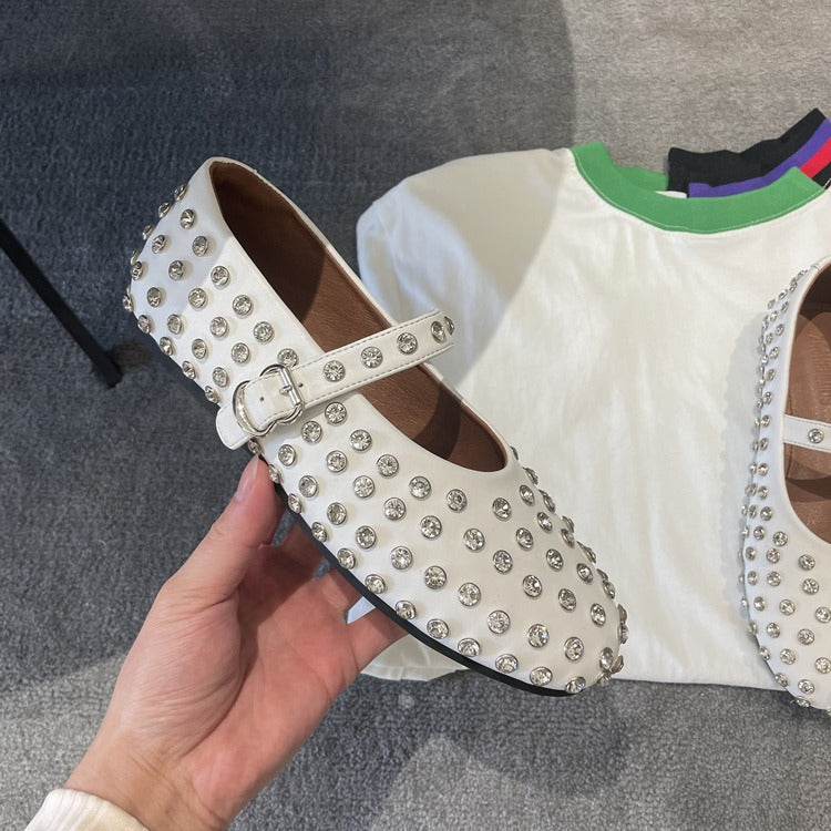 Damen Ballerinas mit elegantem Strassbesatz und Riemchen EB