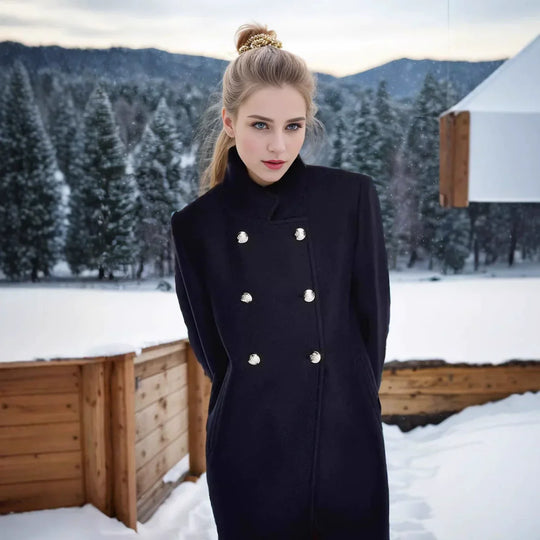 EB | Damenwolljacke mit Doppelten Knöpfen und Hohem Kragen