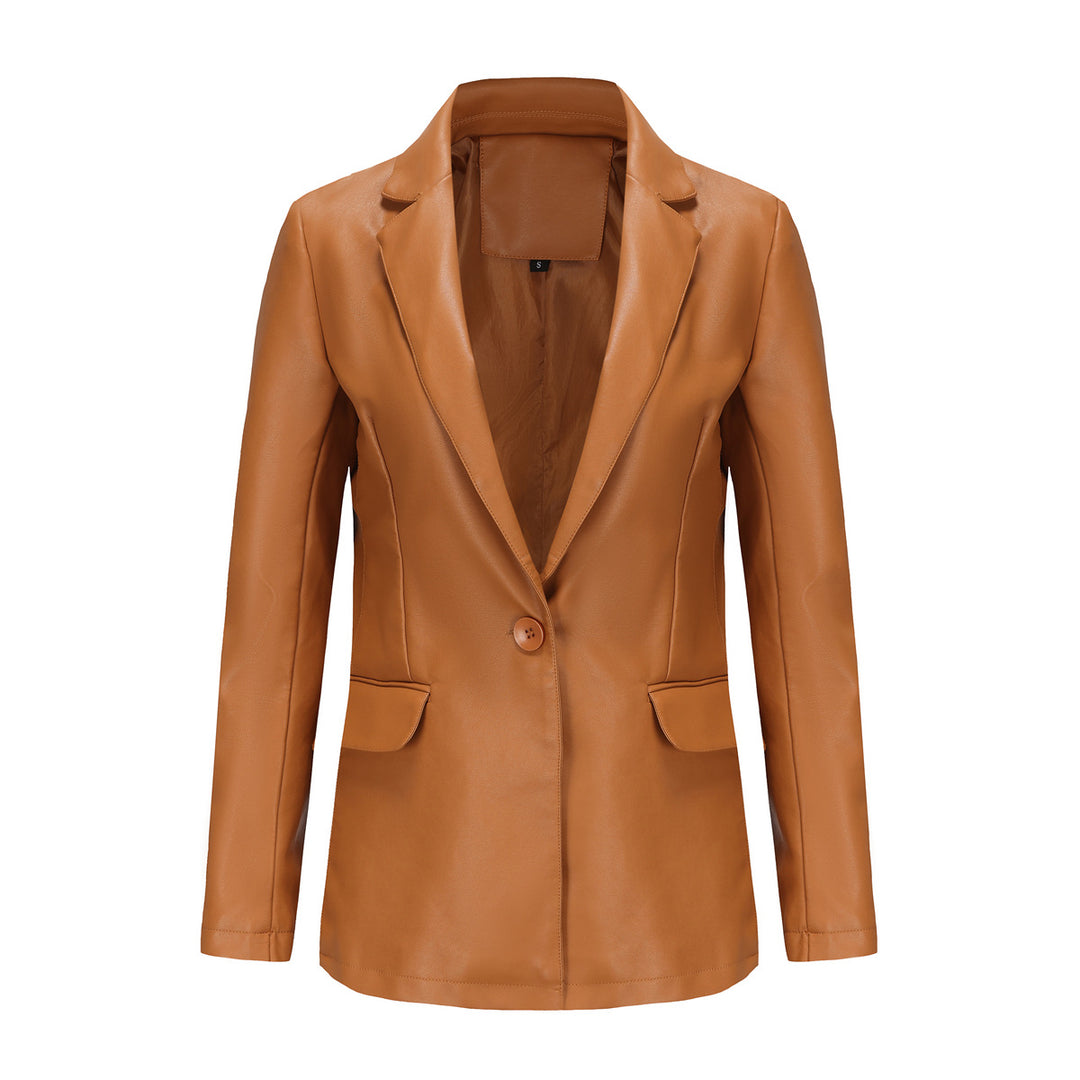 Damen nan taillierter Blazer aus Kunstleder mit Reverskragen und Pattentaschen EB