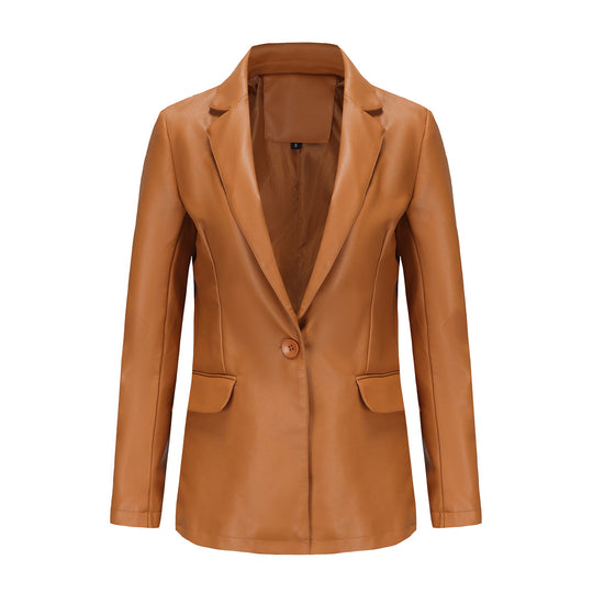 Damen nan taillierter Blazer aus Kunstleder mit Reverskragen und Pattentaschen EB
