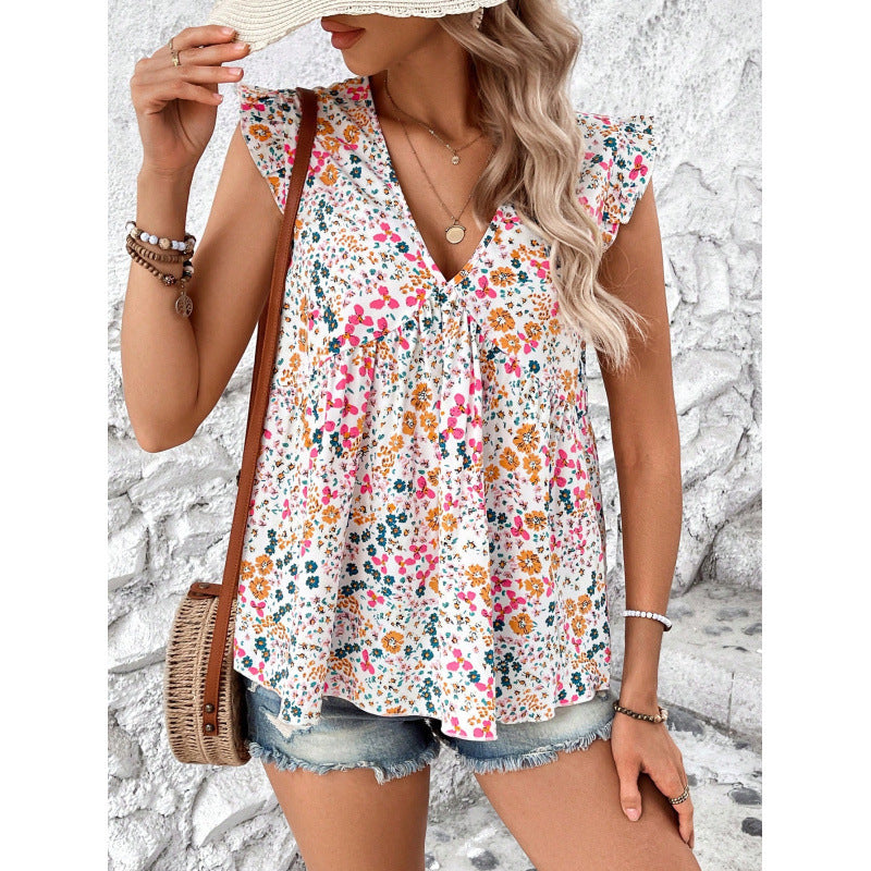 Damen Blusenshirt mit floralem Design und V-Ausschnitt EB