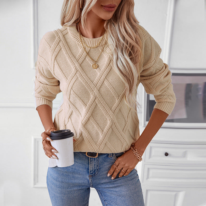 Damen nan grobstrukturierter Strickpullover mit großem Rautenmuster, geripptem Saum und Rundhalsausschnitt EB