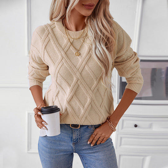 Damen nan grobstrukturierter Strickpullover mit großem Rautenmuster, geripptem Saum und Rundhalsausschnitt EB