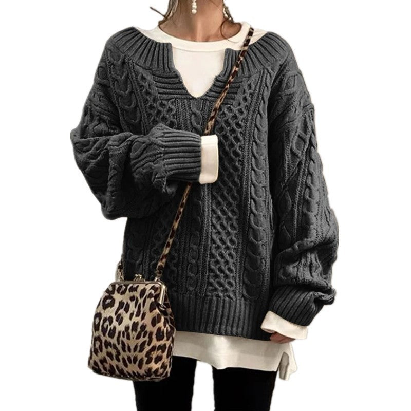 Damen nan weit geschnittener Strickpullover mit Zopfmuster und V-Ausschnitt EB