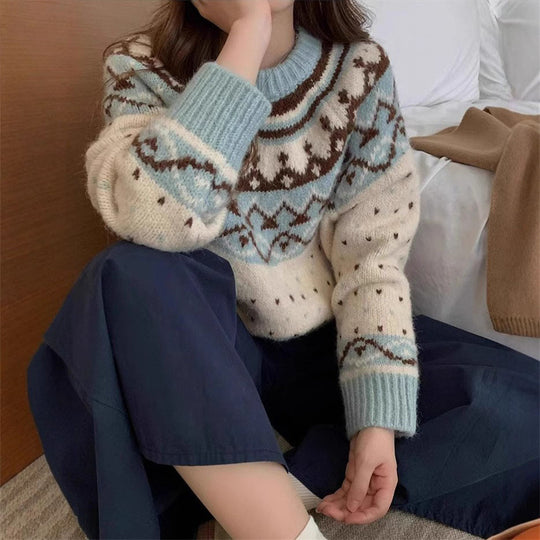 Damen Strickpullover mit grafischem Norweger-Muster und hohem Rundhalsausschnitt EB