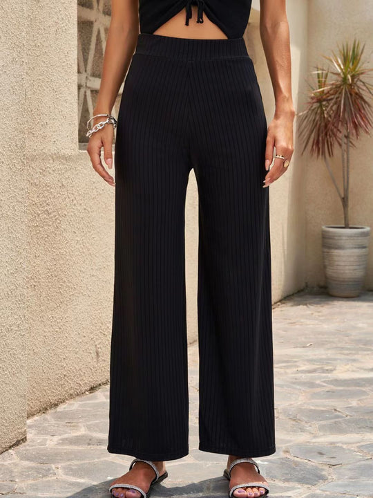 Damen Weite, gestreifte Plisseehose mit hohem Bund und elastischem Taillenbund EB