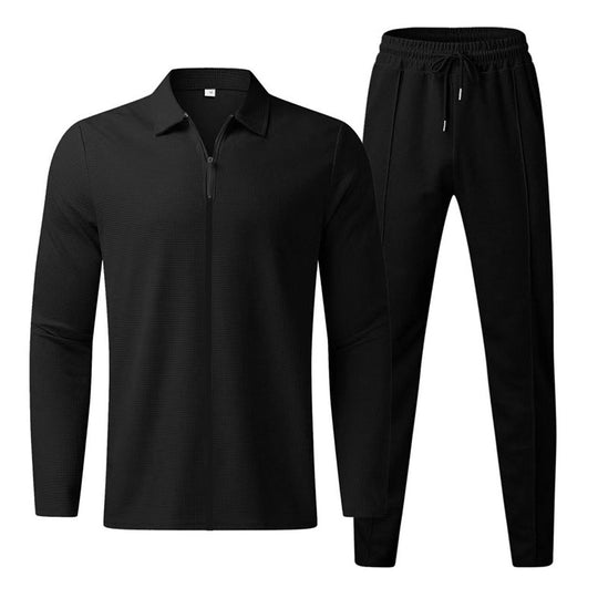 Herren Strukturiertes Waffel-Loungewear-Set mit Kragen-Halbzip & Kordelzughose EB