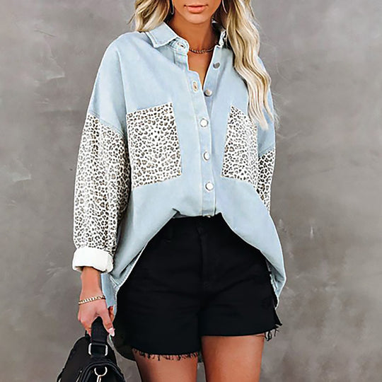 Damen Modische Hemdbluse mit Leopardenmustern und oversized Schnitt EB