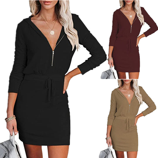 Damen lässiges Mini-Kleid mit Kapuze und Reißverschluss EB