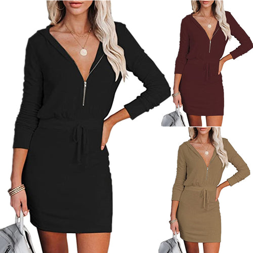 Damen lässiges Mini-Kleid mit Kapuze und Reißverschluss EB