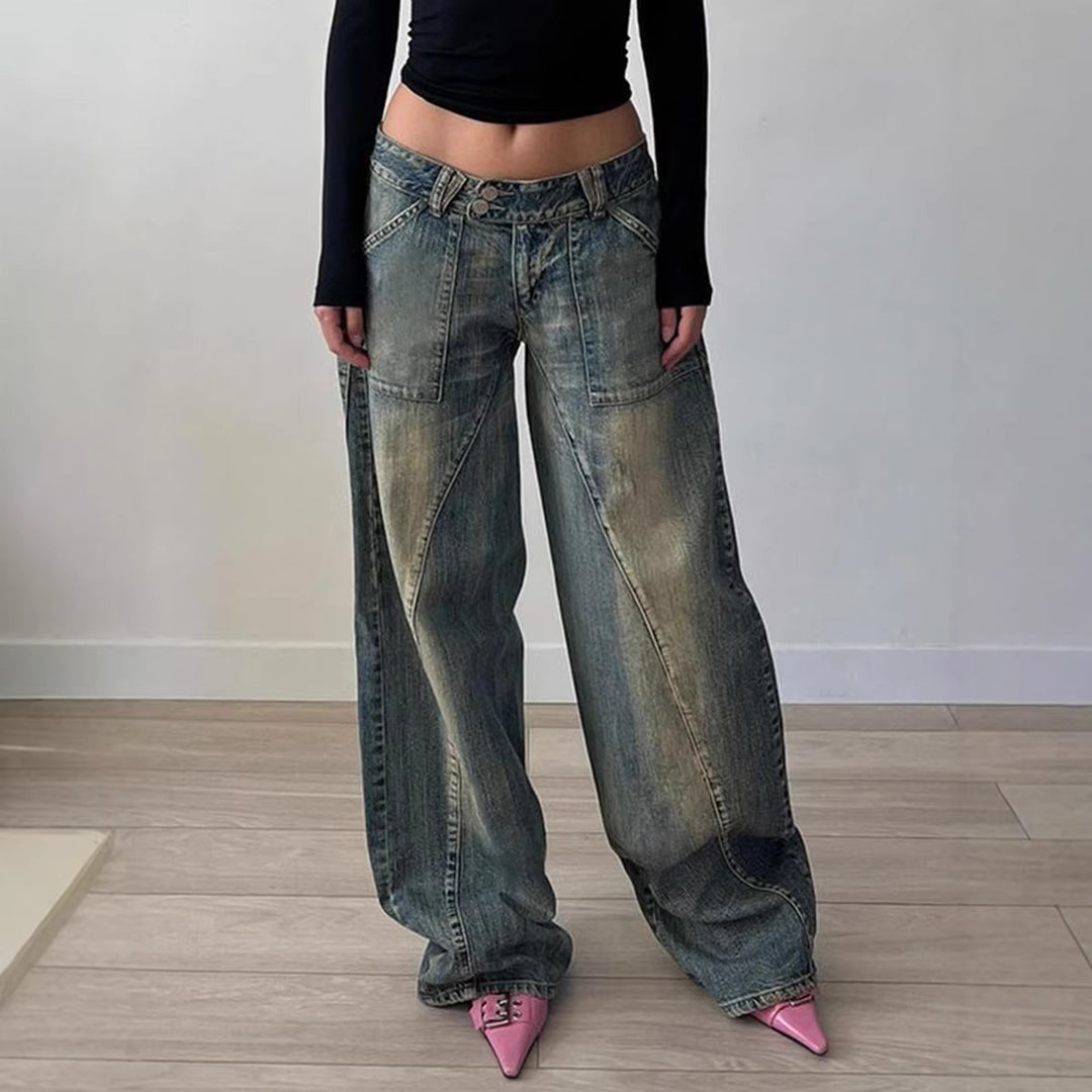 Damen nan weite Low-Rise Baggy-Jeans mit markanten V‑Nahtpaneelen und aufgesetzten Fronttaschen EB