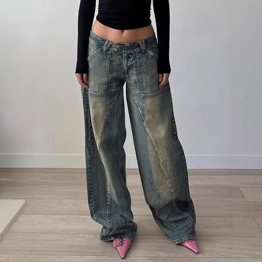 Damen nan weite Low-Rise Baggy-Jeans mit markanten V‑Nahtpaneelen und aufgesetzten Fronttaschen EB