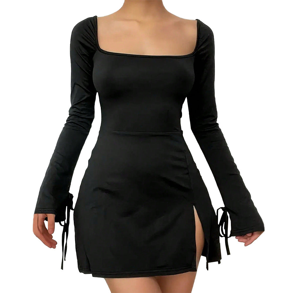 Damen figurbetontes Minikleid mit quadratischem Ausschnitt langen Ärmeln Bindbändern an den Ärmelabschlüssen und seitlichem Schlitz Eichborn Berlin