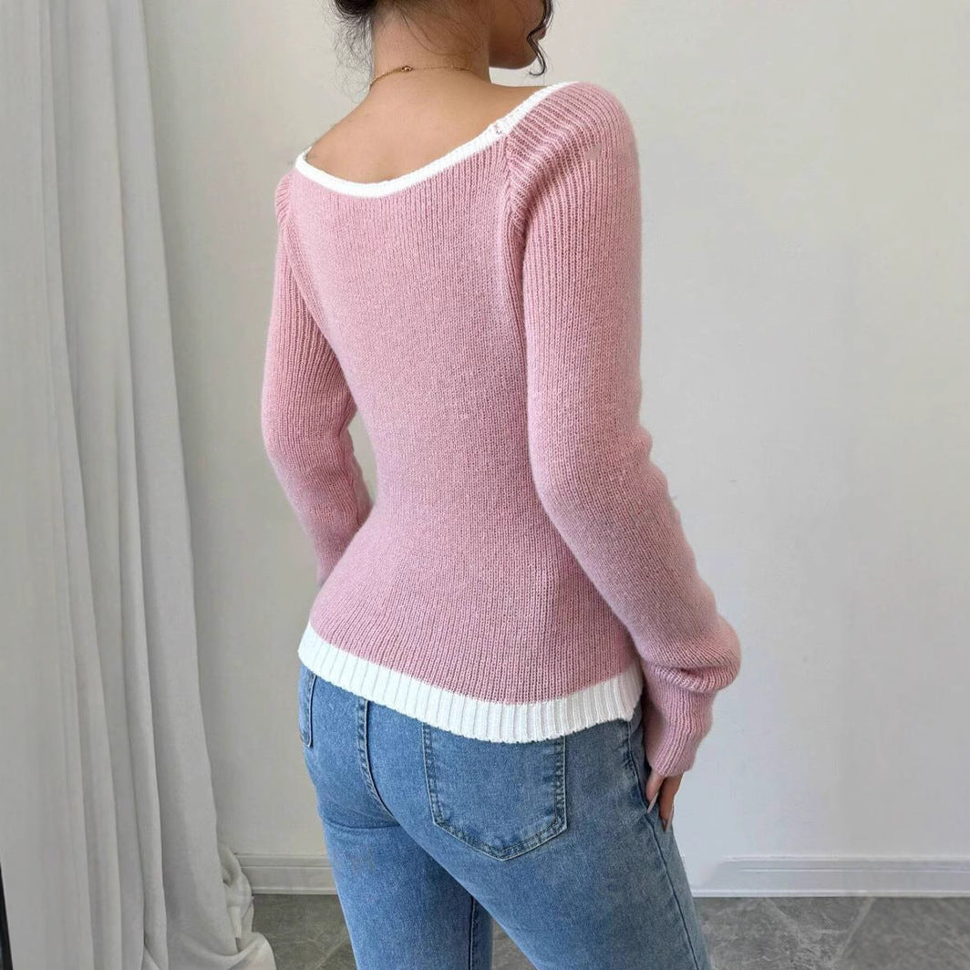 Damen modischer Pullover mit kontrastierendem Saum und tiefem V-Ausschnitt EB