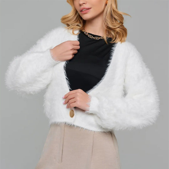 Damen Kurze flauschige Kunstfell-Cardigan mit offenem Schnitt und Raglanärmeln EB