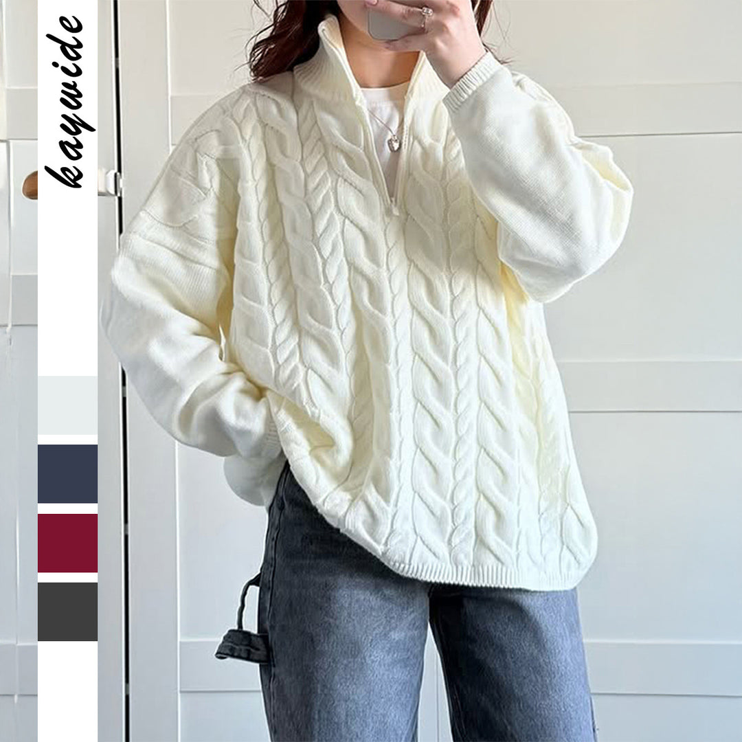 Damen nan oversized Zopfmuster-Troyer mit halbem Reißverschluss, hohem Stehkragen und gerundetem Saum EB