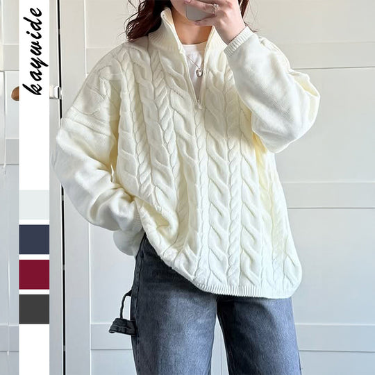 Damen nan oversized Zopfmuster-Troyer mit halbem Reißverschluss, hohem Stehkragen und gerundetem Saum EB