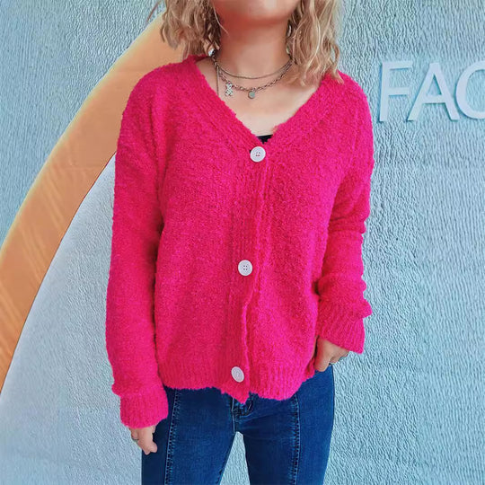 Damen kuschelige Strickjacke mit Knopfdetails und lässigem Schnitt EB