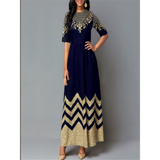 Damen Maxikleid mit kunstvollem Goldstickdesign und elegantem Zickzackmuster EB