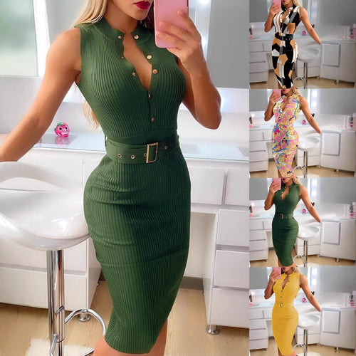 Damen figurbetontes Knielanges Kleid mit Knopfleiste und Gürtel EB
