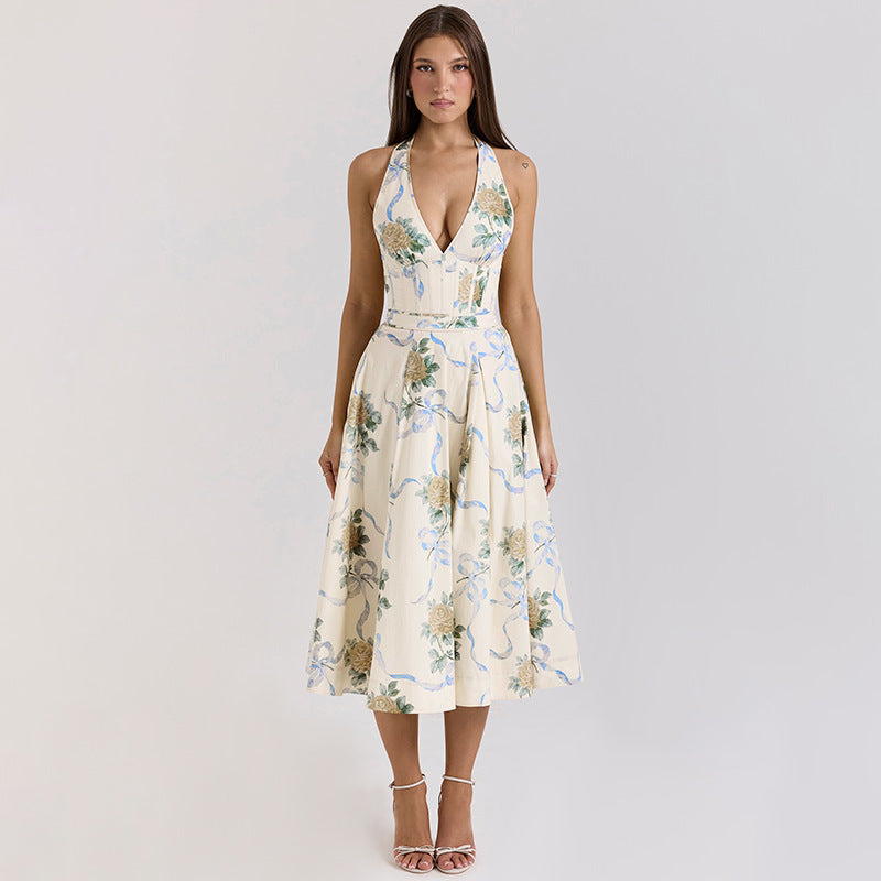 Damen Elegantes Blumen-Midikleid mit tiefem V-Ausschnitt EB