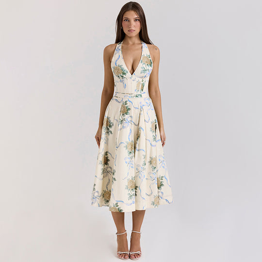 Damen Elegantes Blumen-Midikleid mit tiefem V-Ausschnitt EB