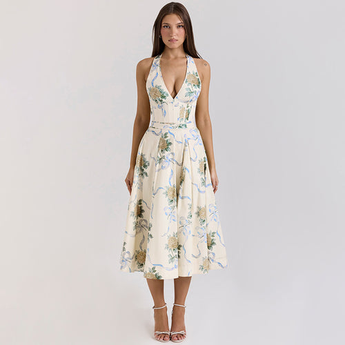 Damen Elegantes Blumen-Midikleid mit tiefem V-Ausschnitt EB