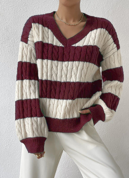 Damen V-Ausschnitt Strickpullover mit Rippstruktur und langen Ärmeln EB