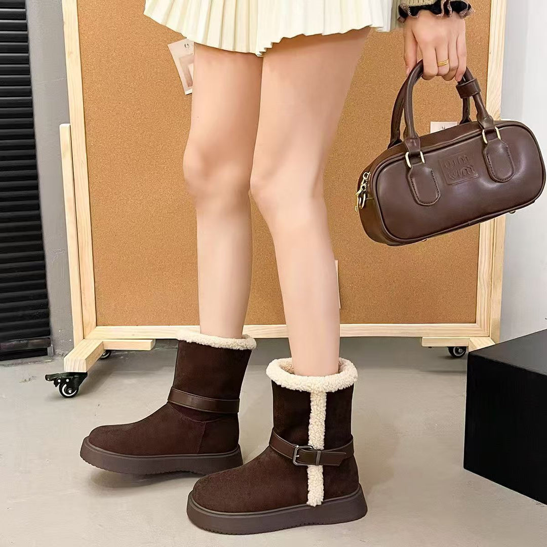 Damen Modische und warme Stiefel mit kuscheligem Innenfutter und praktischer Schnalle EB