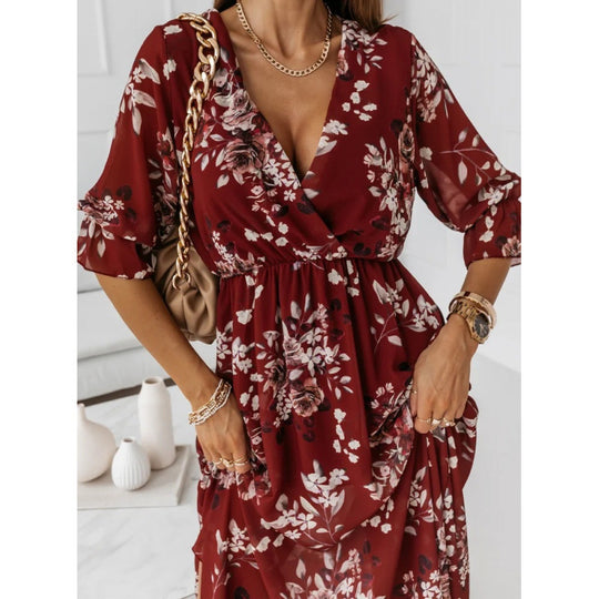 Damen elegantes Maxikleid mit animalischen Mustern und modischem Schlitz EB