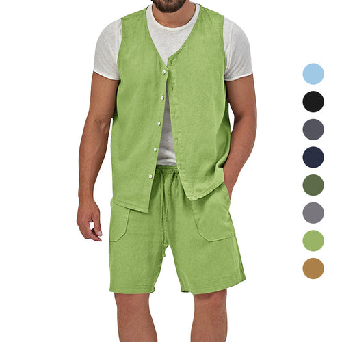 Herren nan zweiteiliges Freizeit-Set mit ärmelloser Knopfweste und weiten Kordelzug-Shorts mit aufgesetzten Taschen EB