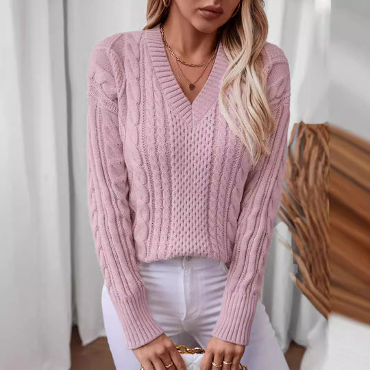 Damen modischer Strickpullover mit tiefem V-Ausschnitt und Zopfmuster EB