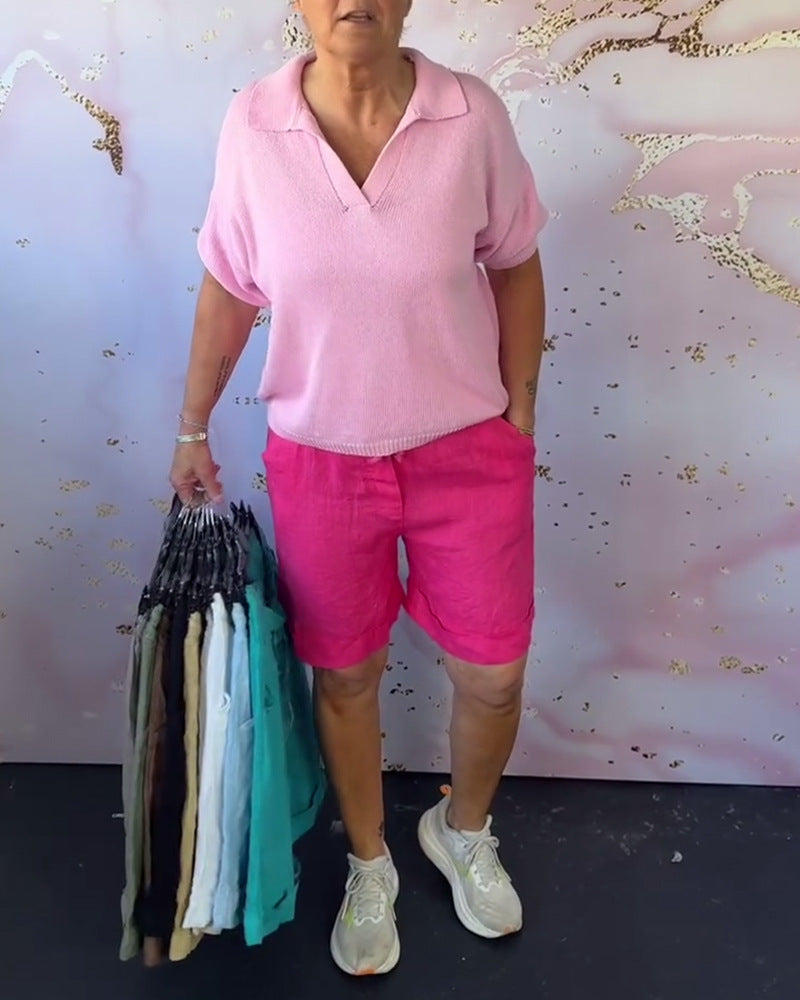Damen lässige Leinenbluse mit V-Ausschnitt und praktischen Seitentaschen Heidi-Mode