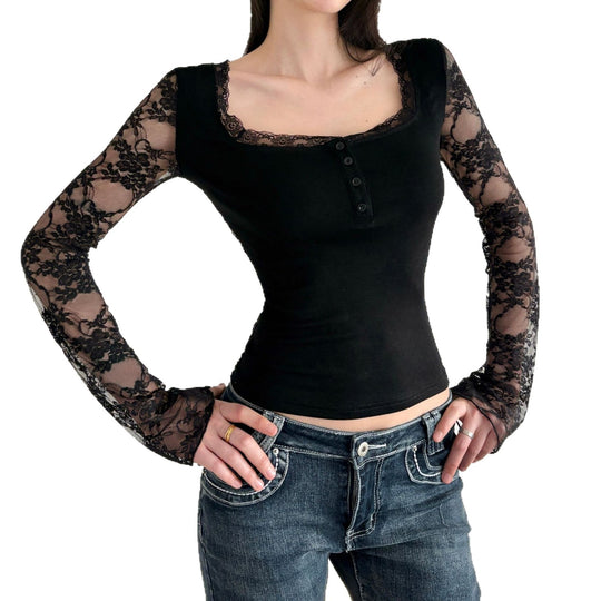Damen Elegantes Langarmshirt mit Spitze und Knopfdetails EB