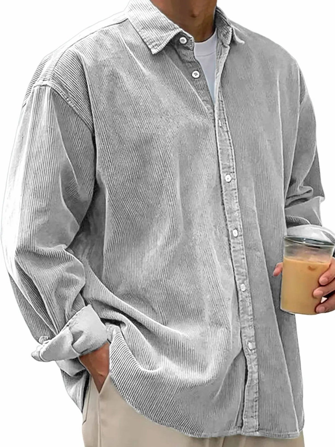 Herren nan langärmliges Oversize-Cordhemd mit Hemdkragen und durchgehender Knopfleiste EB