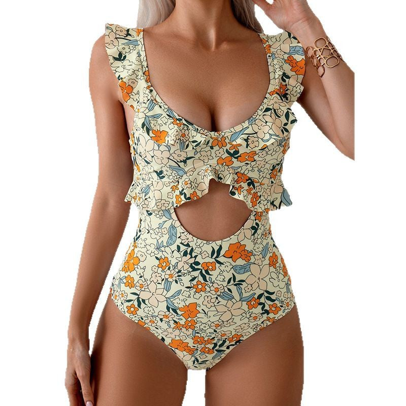 Damen Einteiler-Badeanzug mit Rüschendetails und Cut-Out EB