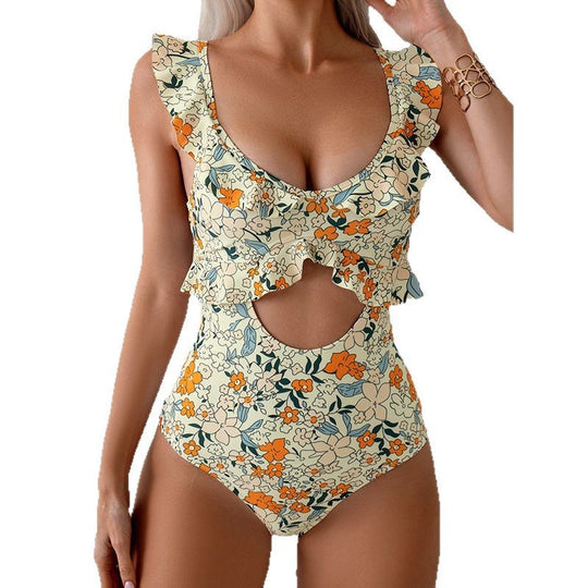 Damen Einteiler-Badeanzug mit Rüschendetails und Cut-Out EB